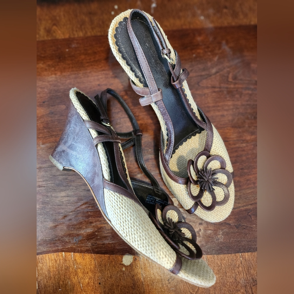 Franco Sarto Brown and Tan Leather and Canvas Slingback Floral Wedge Heels
